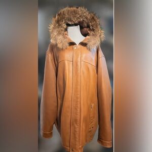 Phat Farm Leather Winter Jacket with Faux Fur Hood Sz 5XL